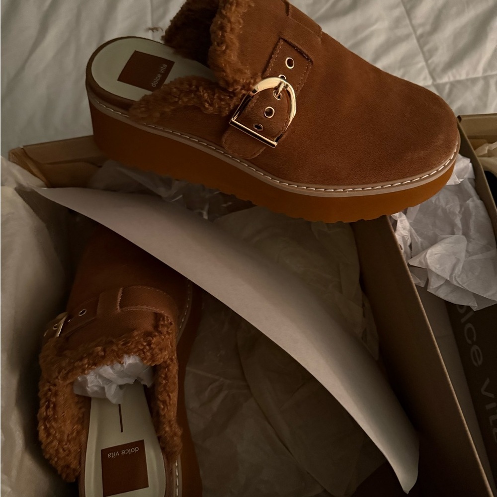 Dolce Vita Tan Suede Mules with Gold Accent